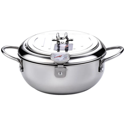 304 Stainless Steel Deep Frying Pot with Thermometer And Lid Silver