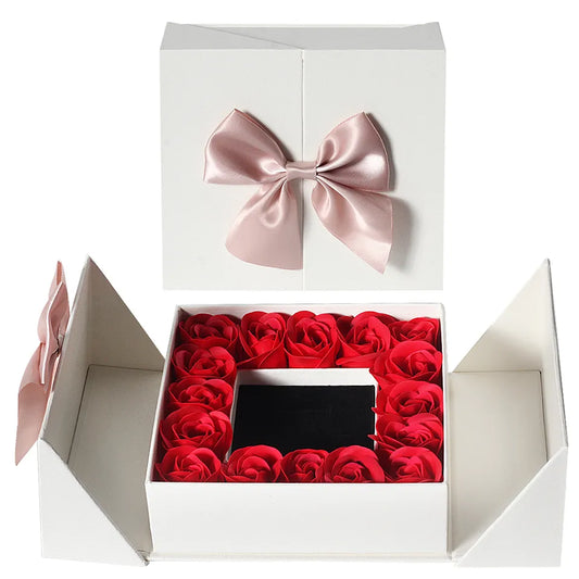 Romantic White Soap Rose Flower Box - 16 Roses Double Door Proposal Set