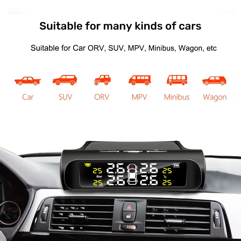 Solar Powered TPMS Wireless Tire Pressure Monitoring Black