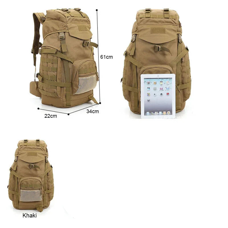 60L Tactical Camping Backpack Waterproof Khaki