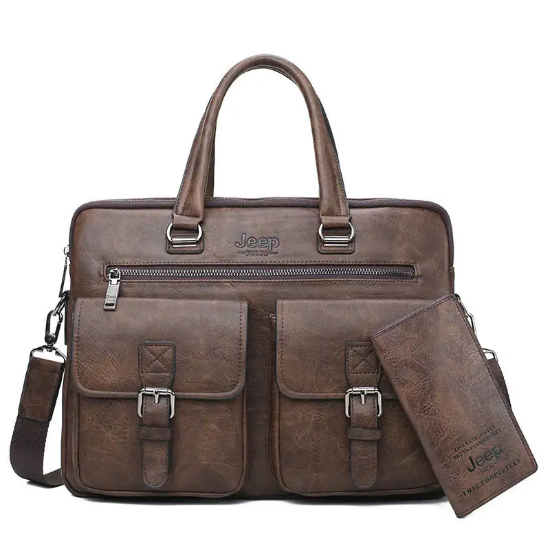 Men's Split Leather Business Briefcase Bag Set (Brown 8006-8888)
