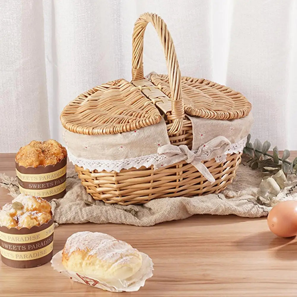Woven Wicker Picnic Basket with Double-Lid Handle