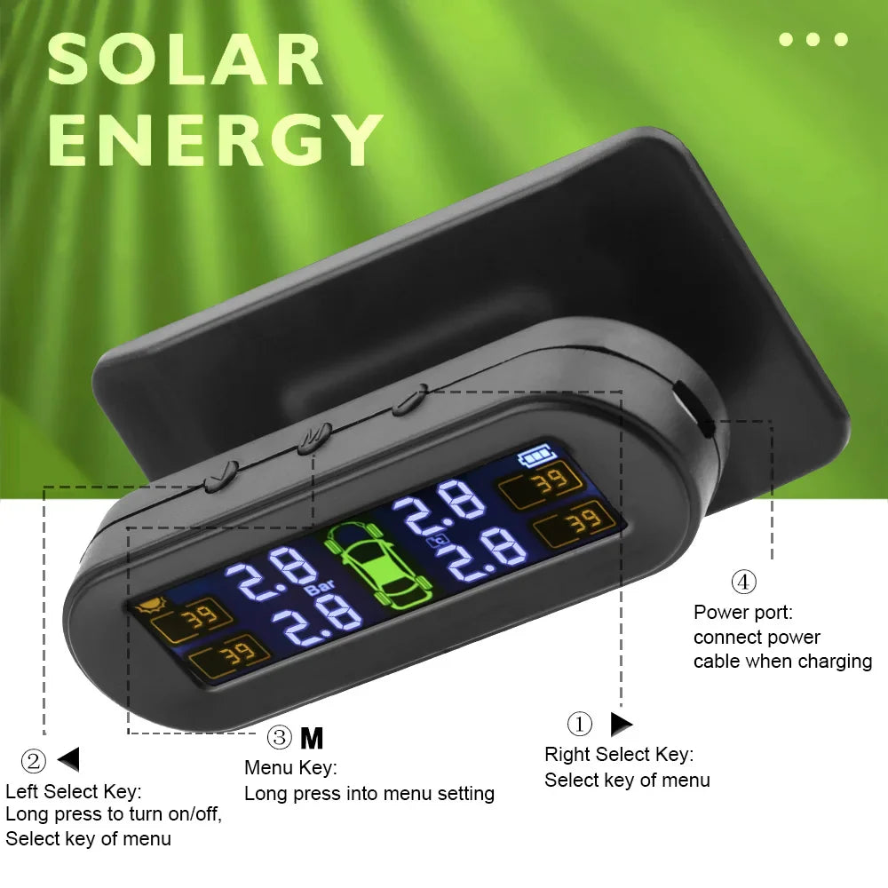 Solar Powered Wireless Tire Pressure Monitoring System with LCD Display Black