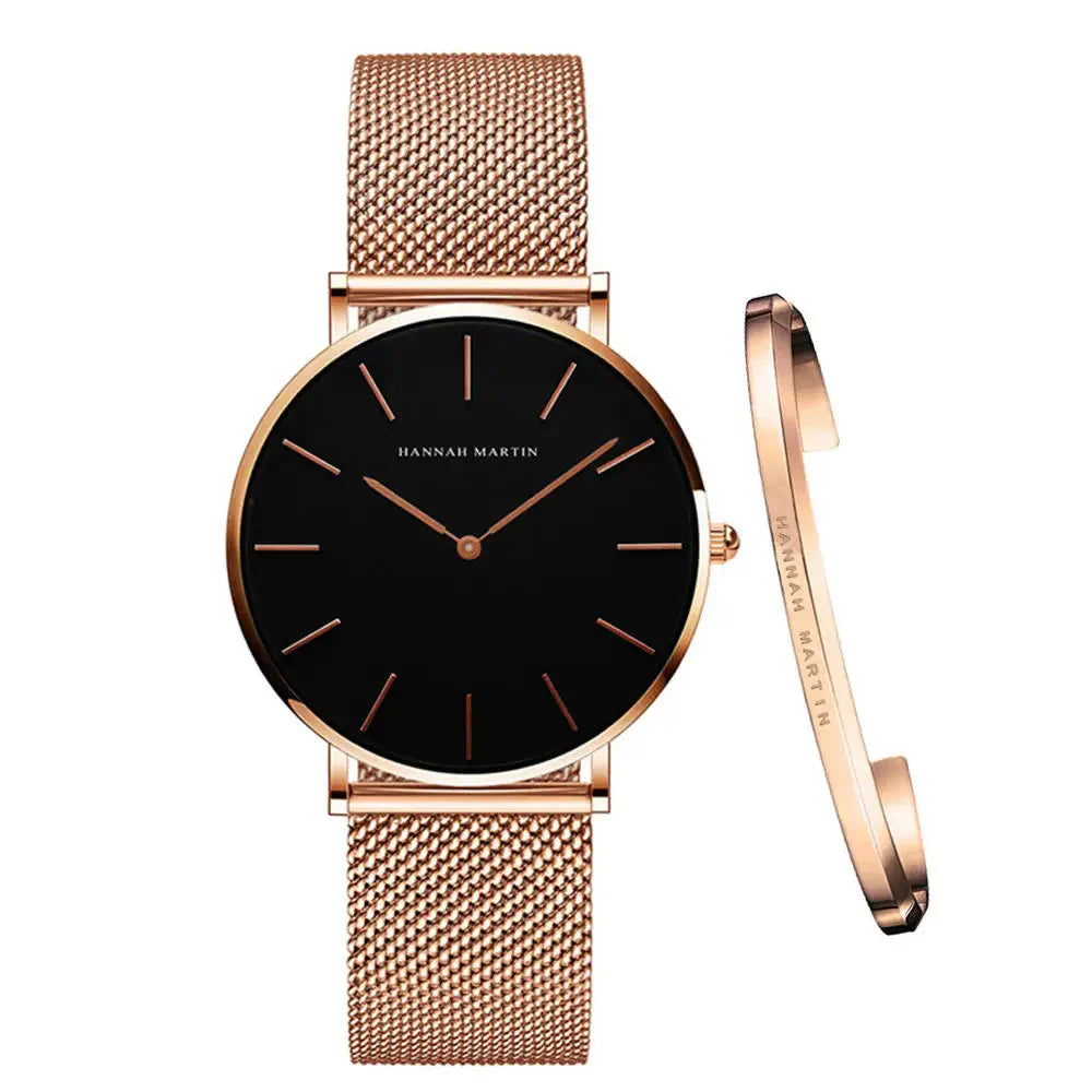Women's Mesh Bracelet Watch Set (Black Brown)