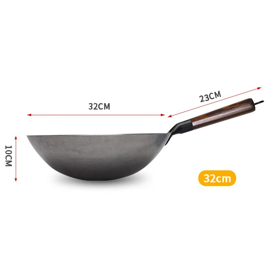 32cm Hand-Forged Iron Wok Pure Iron Non-Coated Stir Fry Pan Brown