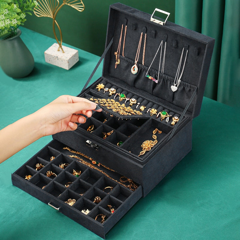 3-layes Black Flannel Jewelry Box boite a bijou Jewelry Organizer Necklace Earring Ring Storage Box for Women Gifts