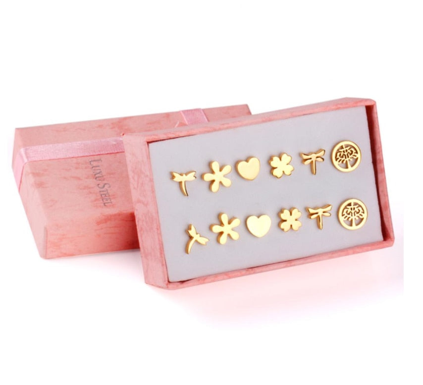 Earrings Set For Women Stainless Steel 6Pairs/Box Piercing 316L Valentines Day Hypoallerge Small brinco Child Gifts