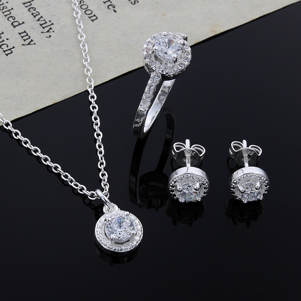 Sterling silver Cute Solid Christmas gift noble fashion elegant women shiny crystal CZ necklace earring ring jewelry Set