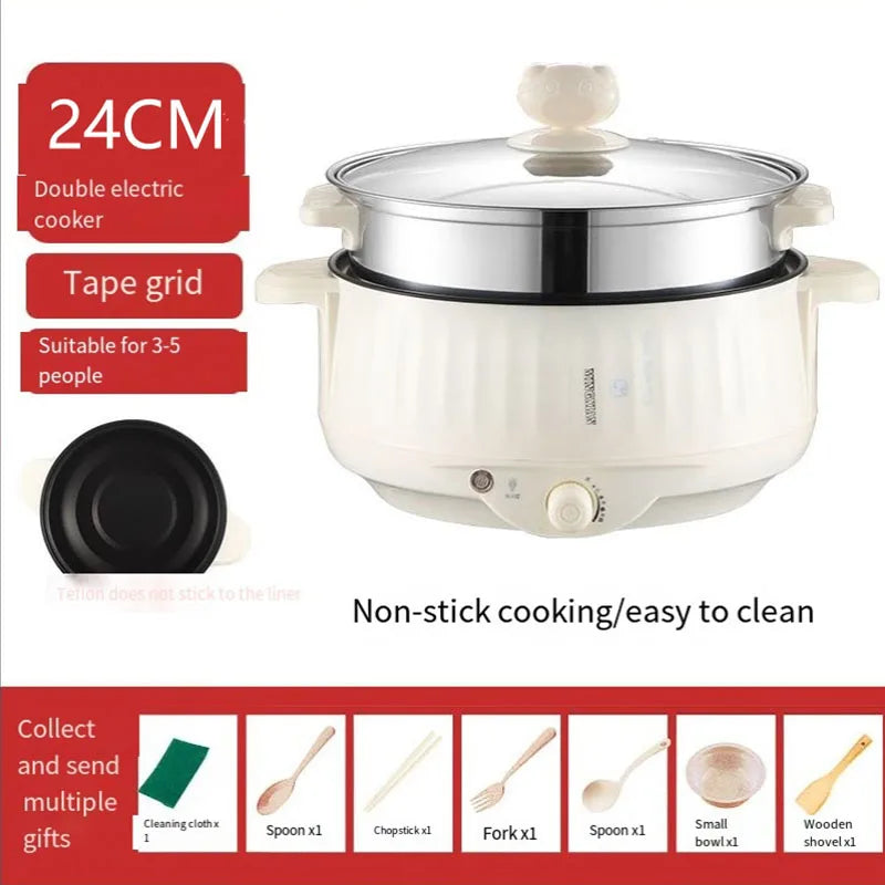 Electric Cooker Double Layer 24cm Non Stick Hot Pot & Rice Cooker White