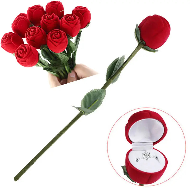3D Red Rose Jewelry Box Wedding Ring Gift Case