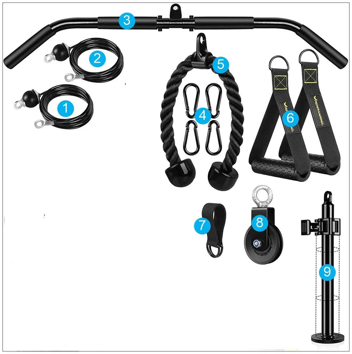 Home Fitness Pulley System – (Single Pulley with Long Pull Rod & 3-Head Rope)