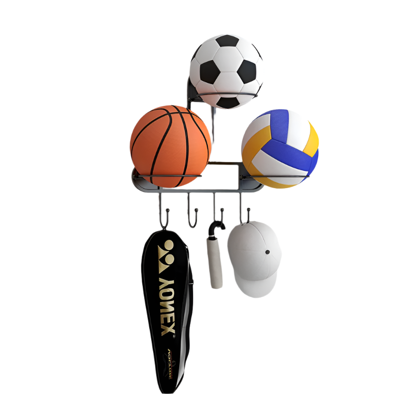 Black Wall-Mounted Sports Ball Rack - 3-Ball Holder with Hooks