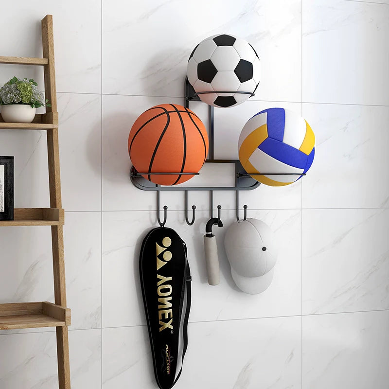 Black Wall-Mounted Sports Ball Rack - 3-Ball Holder with Hooks