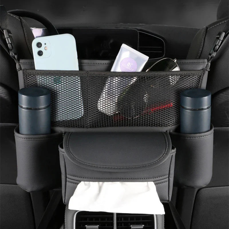 Universal Car Seat Middle Storage Bag–PU Leather Armrest Organizer Black