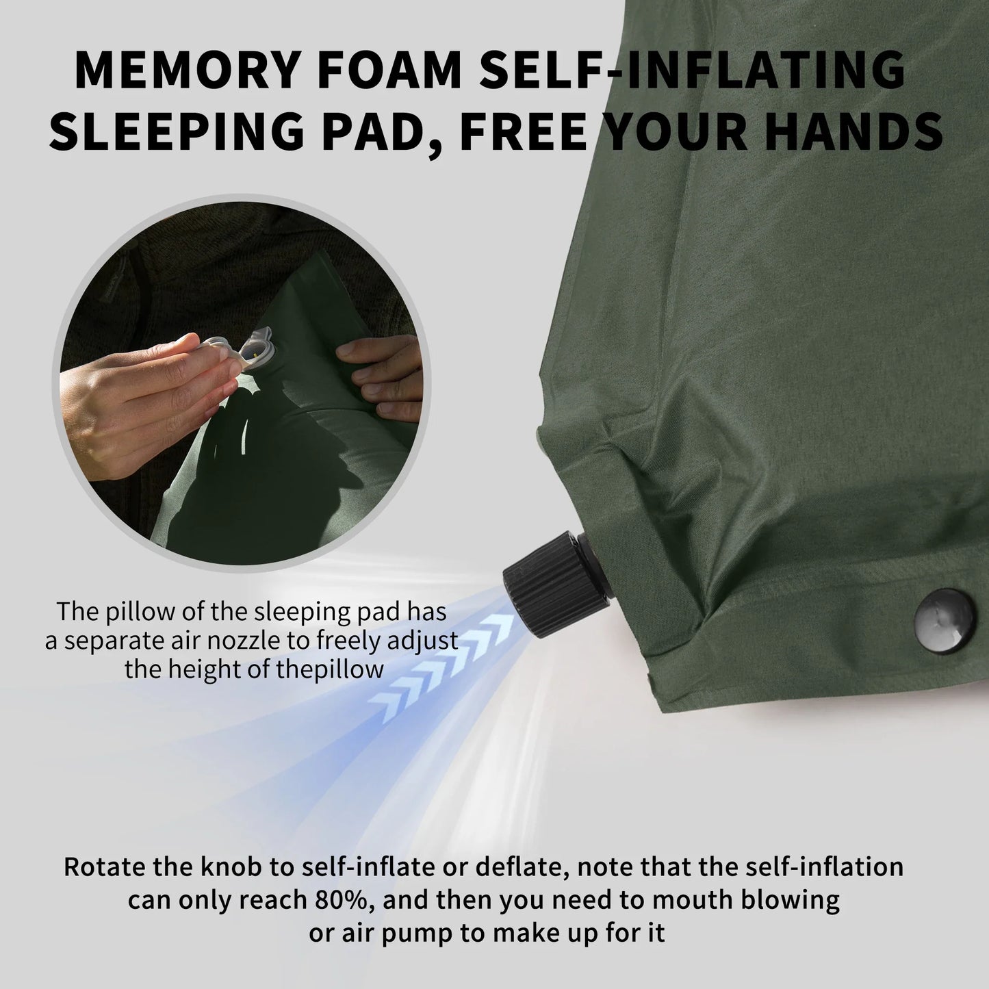 Self-Inflating Camping Air Mat with Built-in Pillow Green