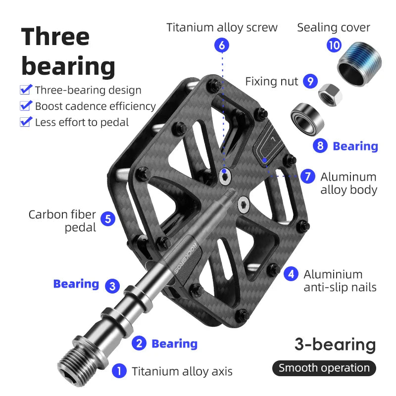 Ultra-Light T700 Carbon Fiber Bicycle Pedals 3-Bearing Black