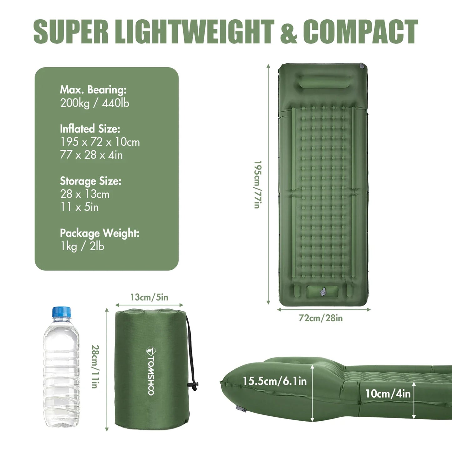 Inflatable Sleeping Pad with Built-In Pump Army Green