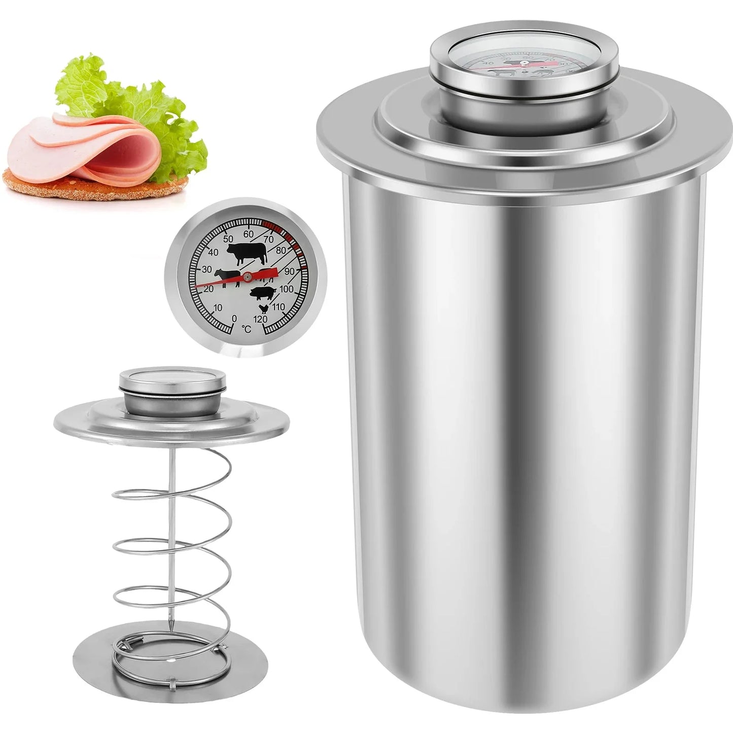 Stainless Steel Ham Maker with Thermometer Deli Meat Press Mold Silver