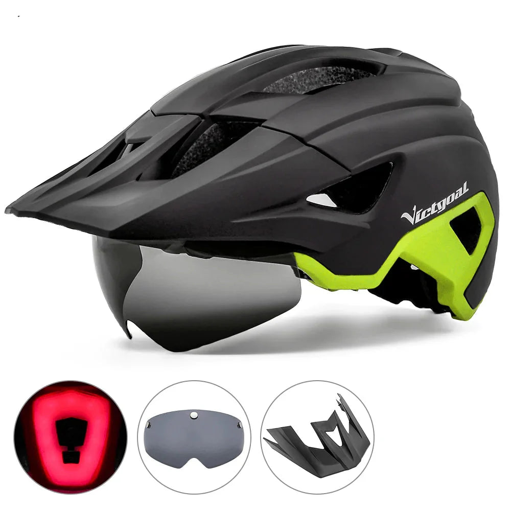 LED Bike Helmet Magnetic Goggles Sun Visor Green