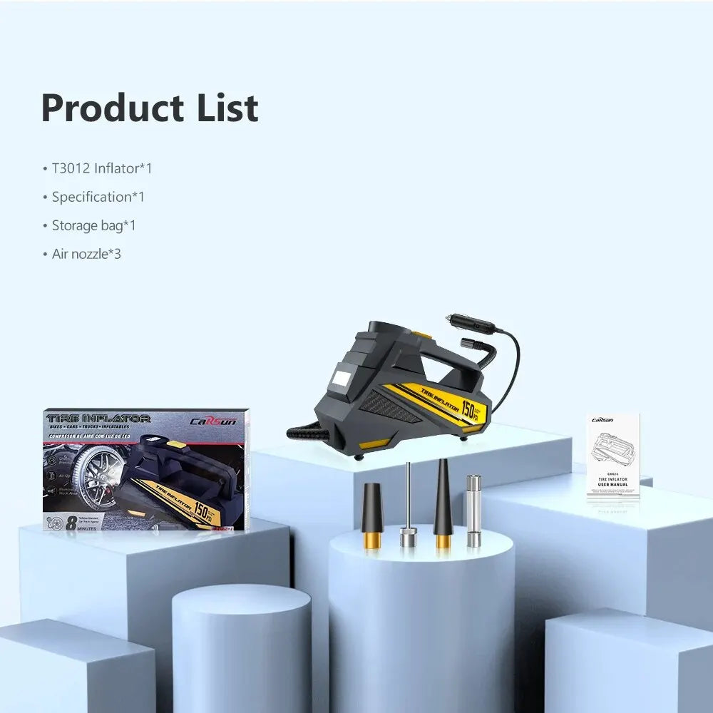 Corded Portable Car Air Pump 12V 150PSI Electric Tire Inflator with LED Yellow