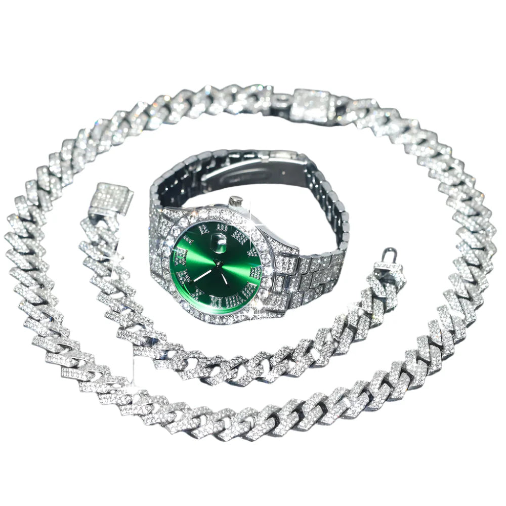 3pcs Mens Silver Watch Cuban Chain Bracelet Set (Green)