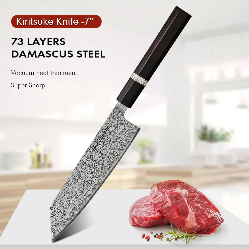 7-Inch Hand-Forged Kiritsuke Knife 73-Layer Damascus Steel Black