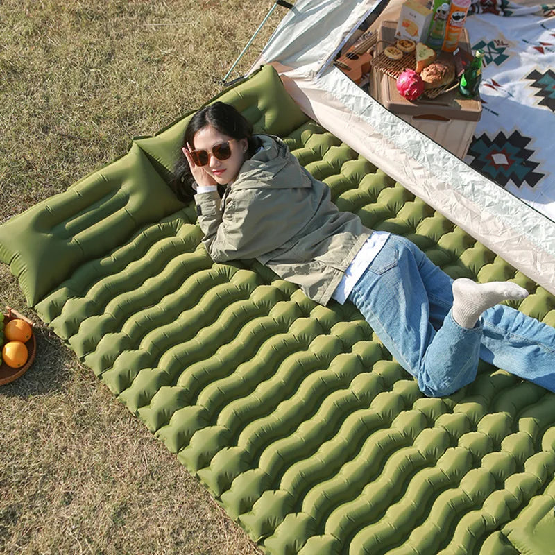 Inflatable Sleeping Pad Built-In Pillow Compact Green