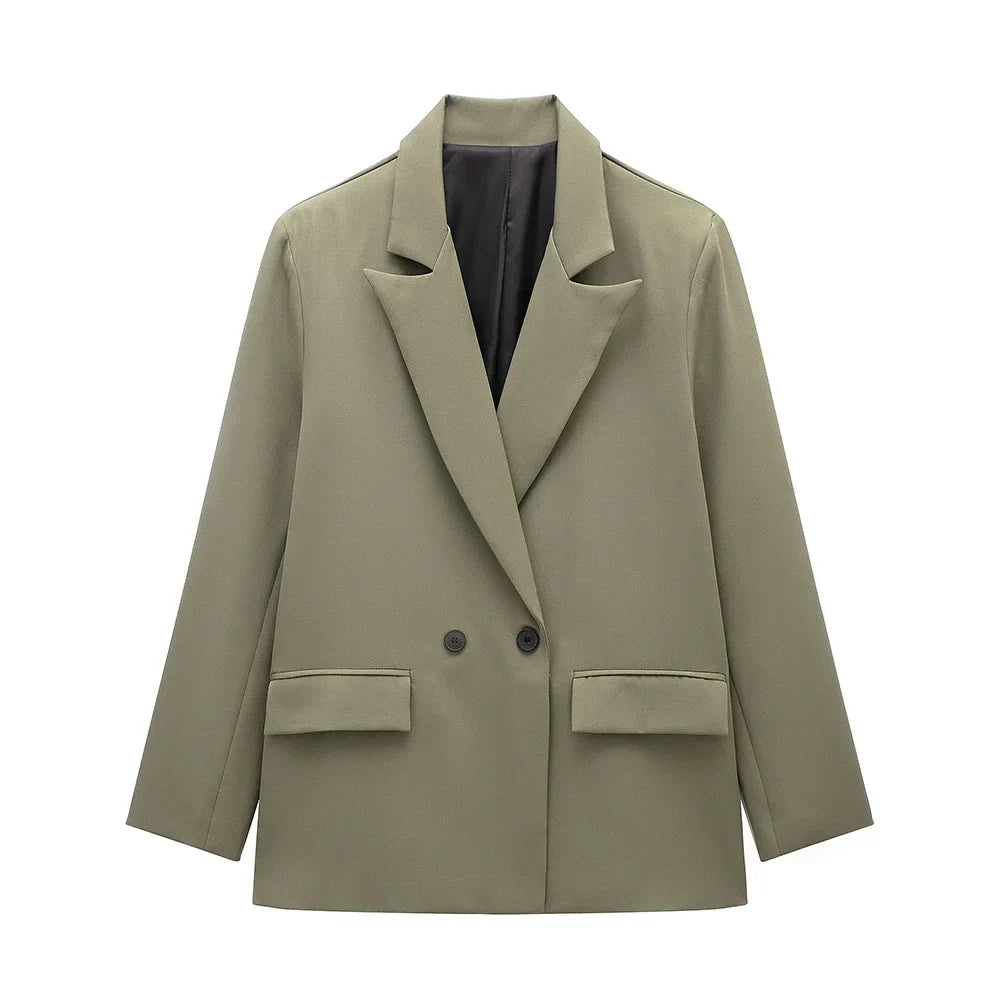 Womens Double Breasted Blazer with Pockets (Dark Green)