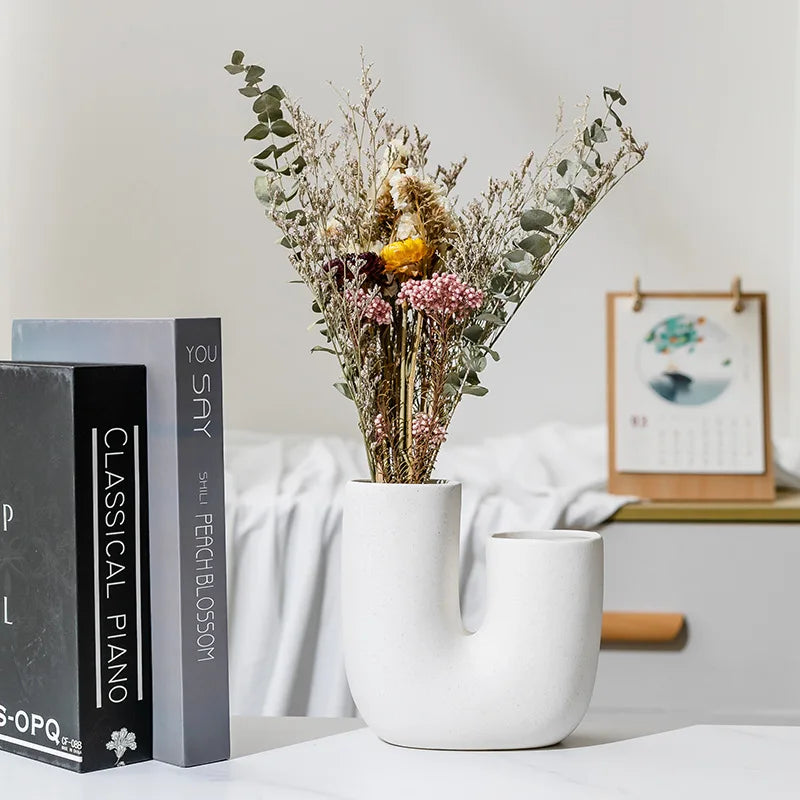 Nordic Elegance: White Ceramic U-shaped Vase for Stylish Living Spaces