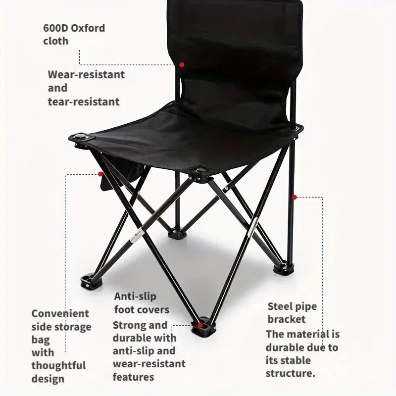 Foldable Camping Chair with Side Pocket Black