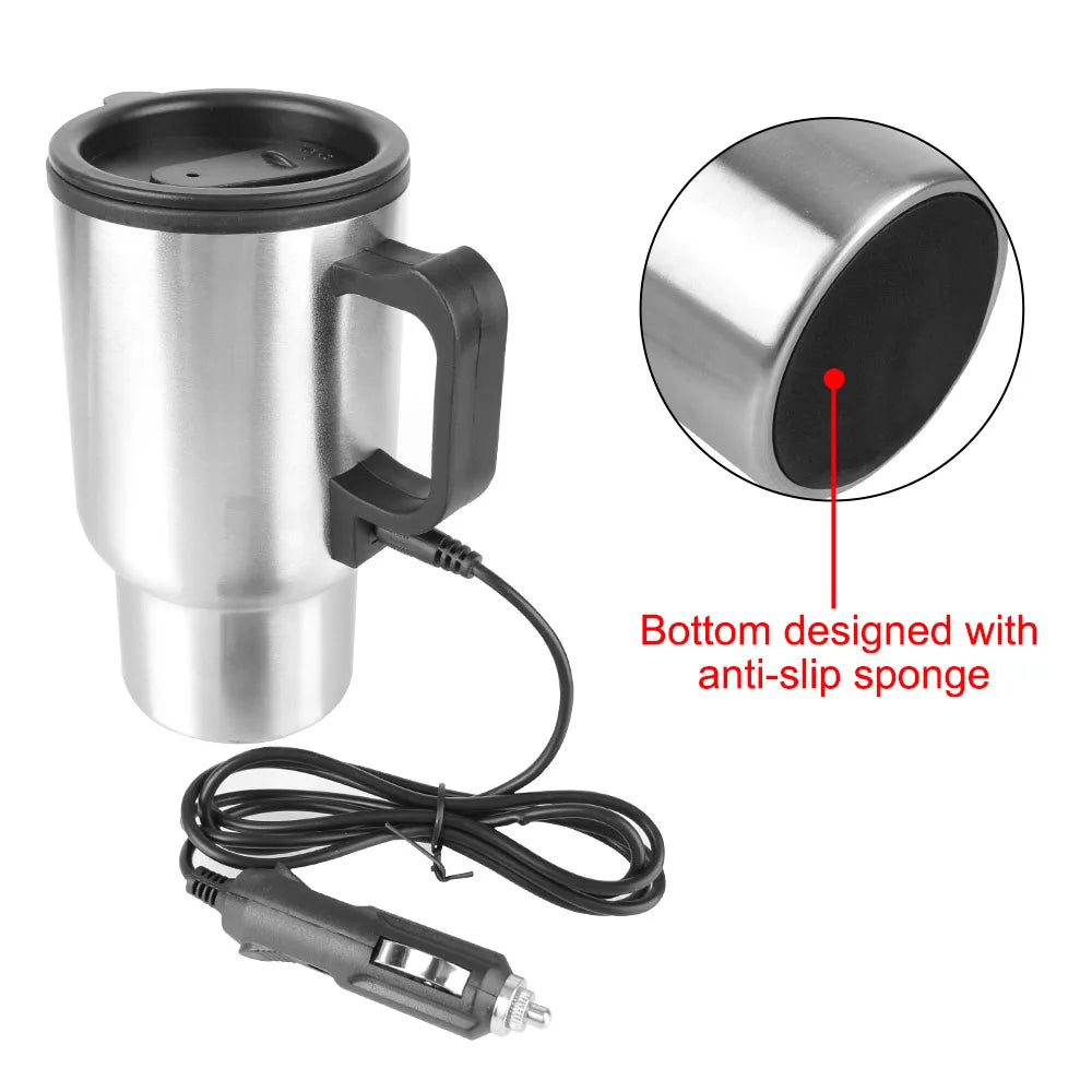 12V Electric Heating Car Kettle 450mL Stainless Steel Thermal Mug Silver