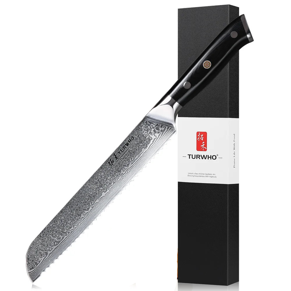 8-Inch Damascus Steel Bread Knife Serrated VG10 Core Blade Black