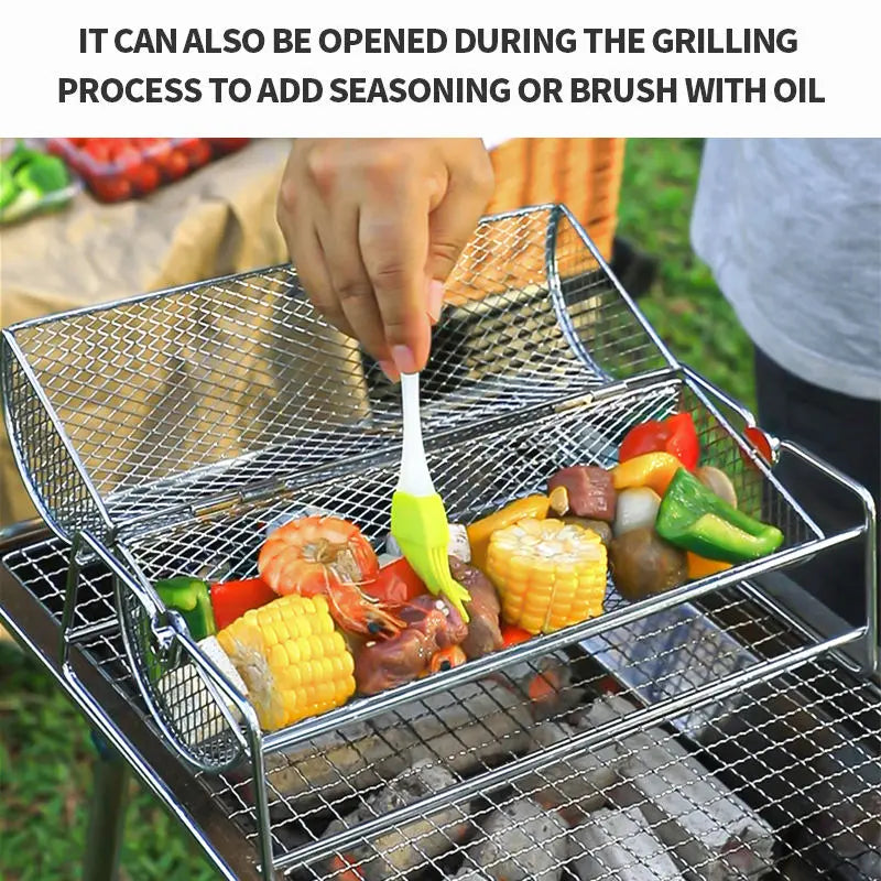 12-Inch Stainless Steel Rolling BBQ Grill Mesh Rotisserie Roaster Cage Silver