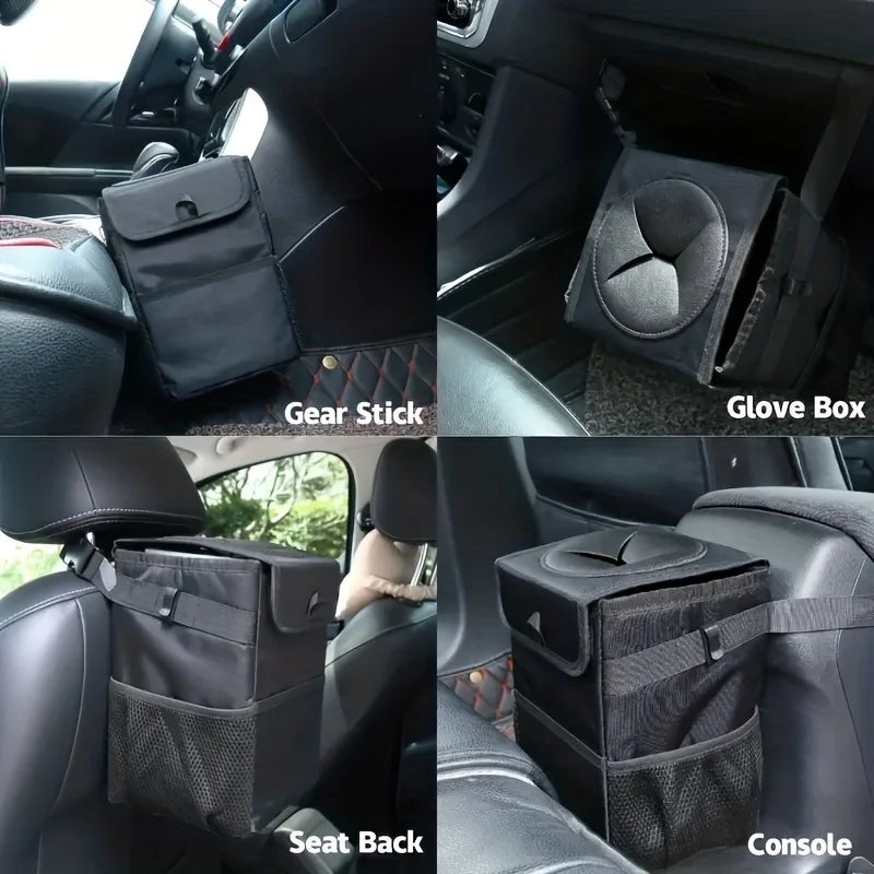 Car Trash Can with Lid Storage Pockets 100% Leak Proof Black