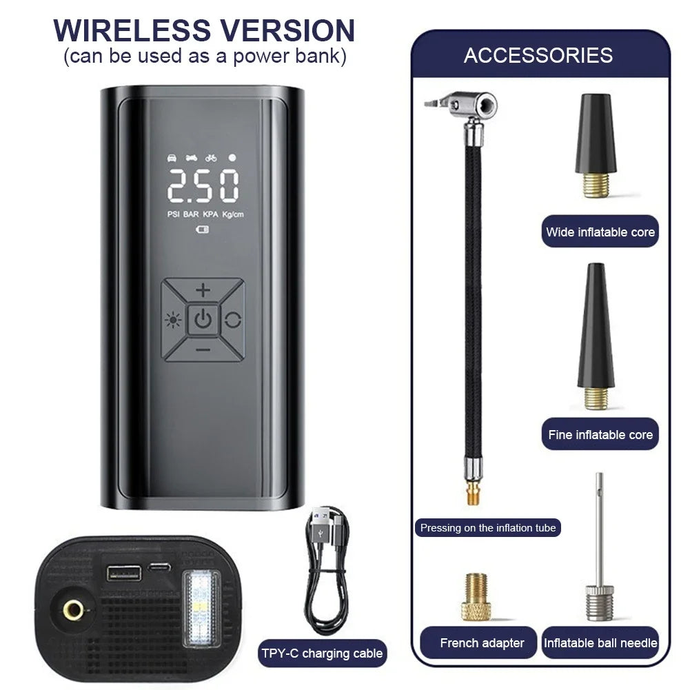 120W Wireless Handheld Air Compressor Portable Digital Tire Inflator Black