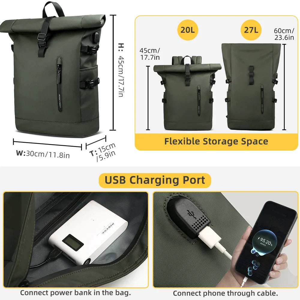 Expandable Waterproof Backpack Roll-Up Design with USB Charging Port Green