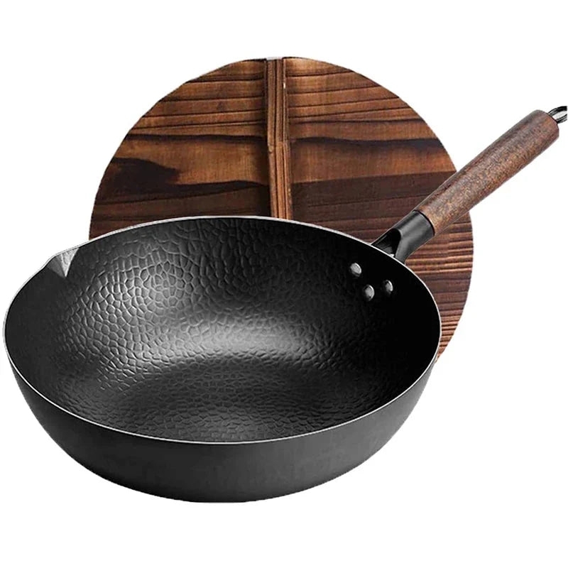 32cm Carbon Steel Wok with Wooden Lid Flat Bottom Non-Stick Black