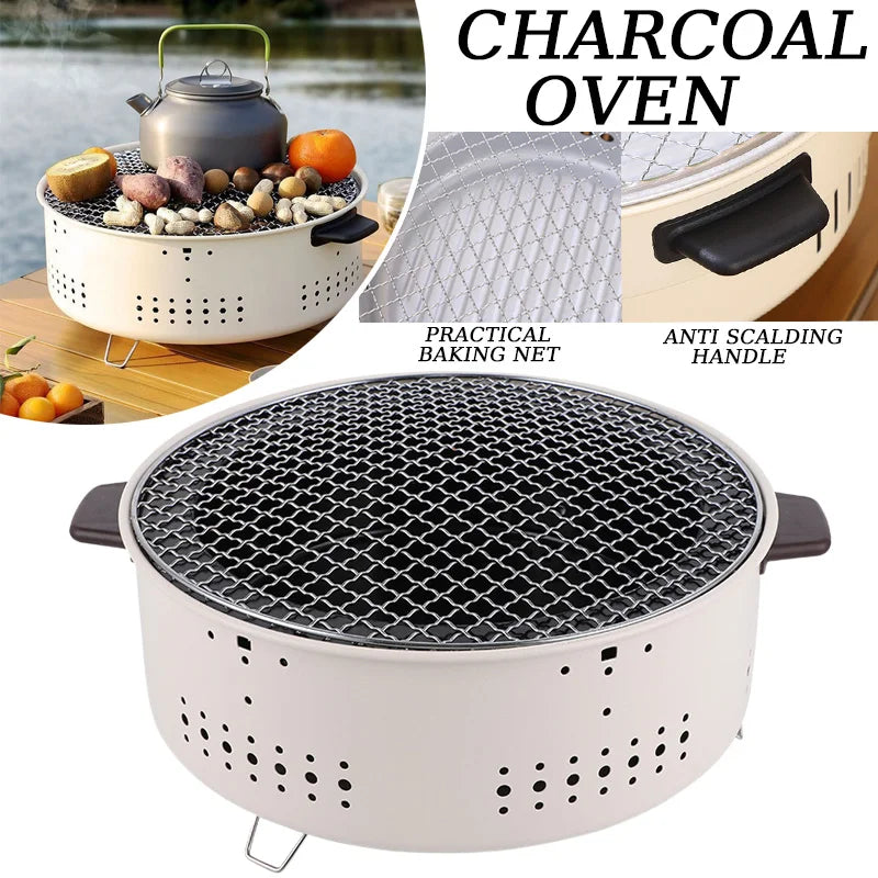 Round Charcoal BBQ Grill Stove White