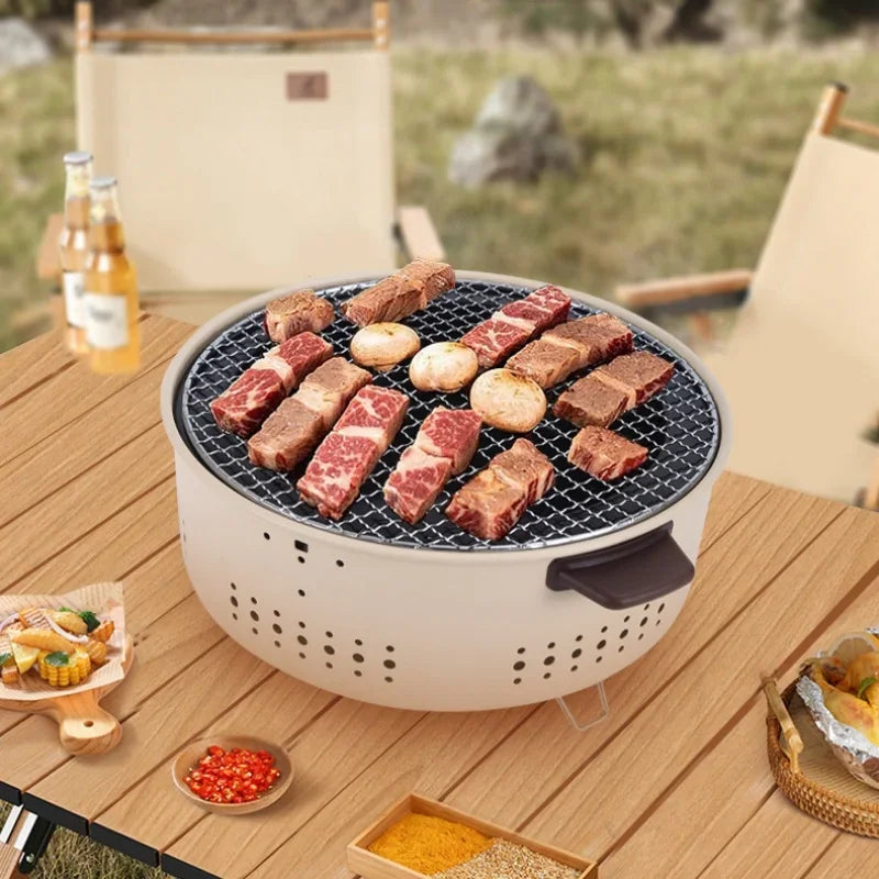 Round Charcoal BBQ Grill Stove White