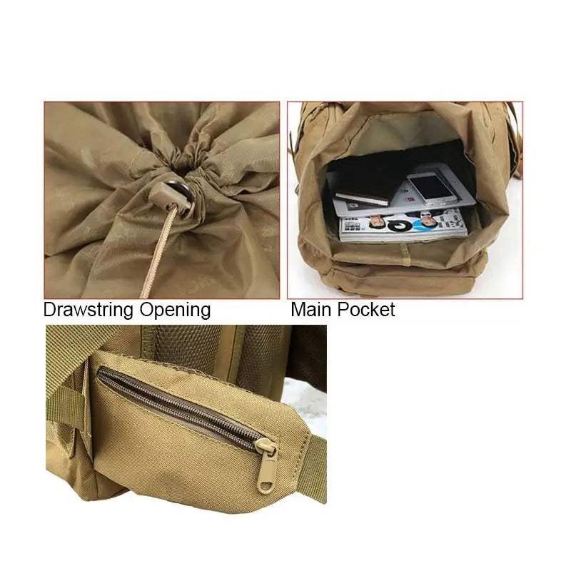 60L Tactical Camping Backpack Waterproof Khaki
