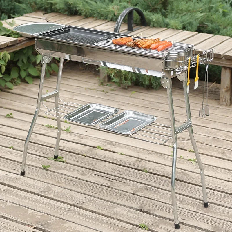 Portable Outdoor Stainless Steel Charcoal Grill Foldable BBQ Tool Silver