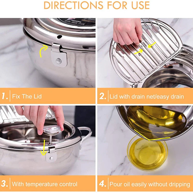 24cm Deep Frying Pot with Thermometer and Lid Silver