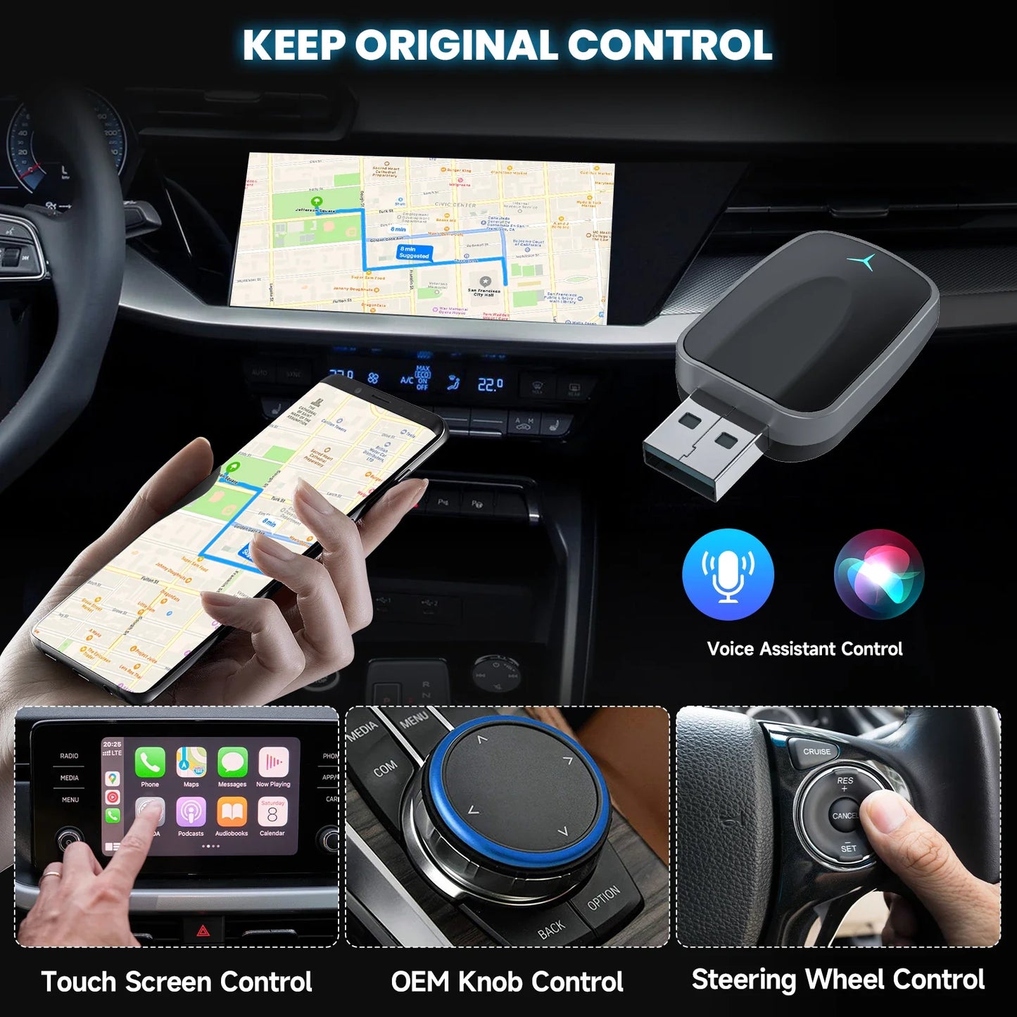 Wired to Wireless CarPlay Android Auto Adapter Black