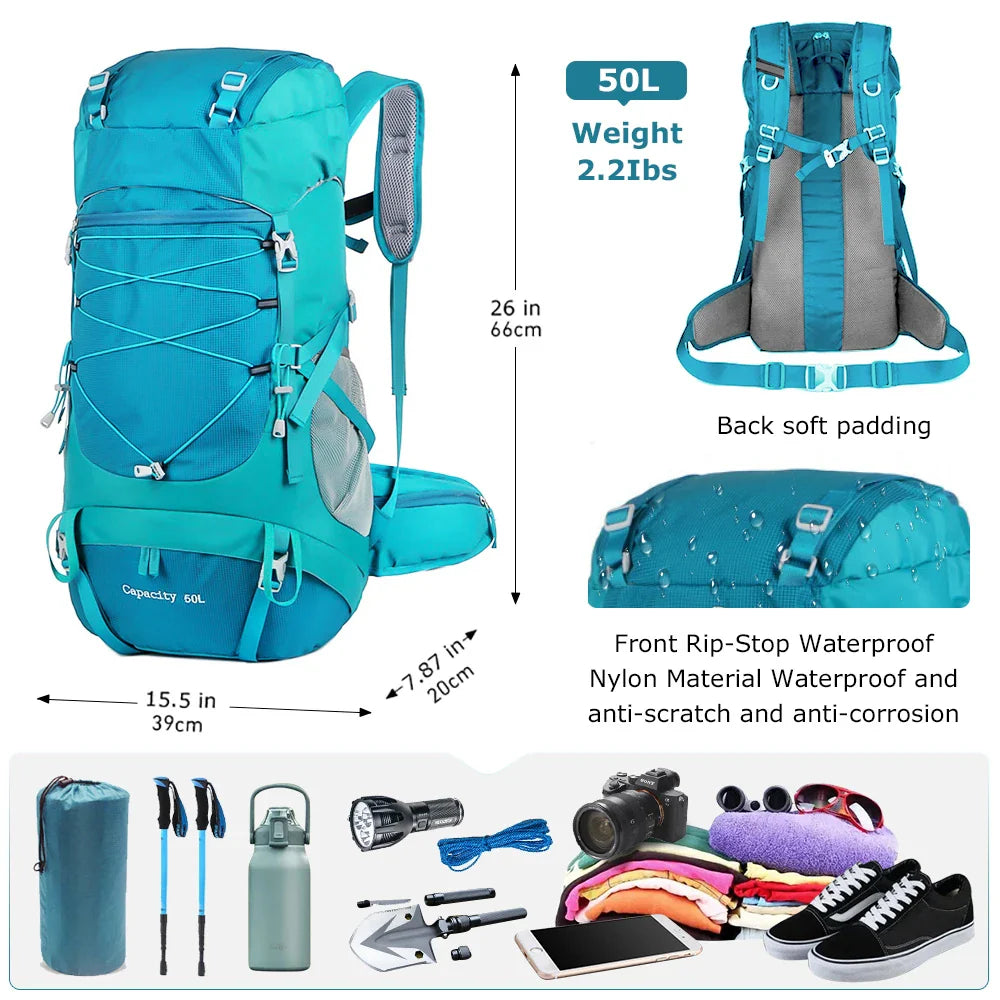 50L Hiking Backpack with Rain Cover Waterproof Rucksack Blue