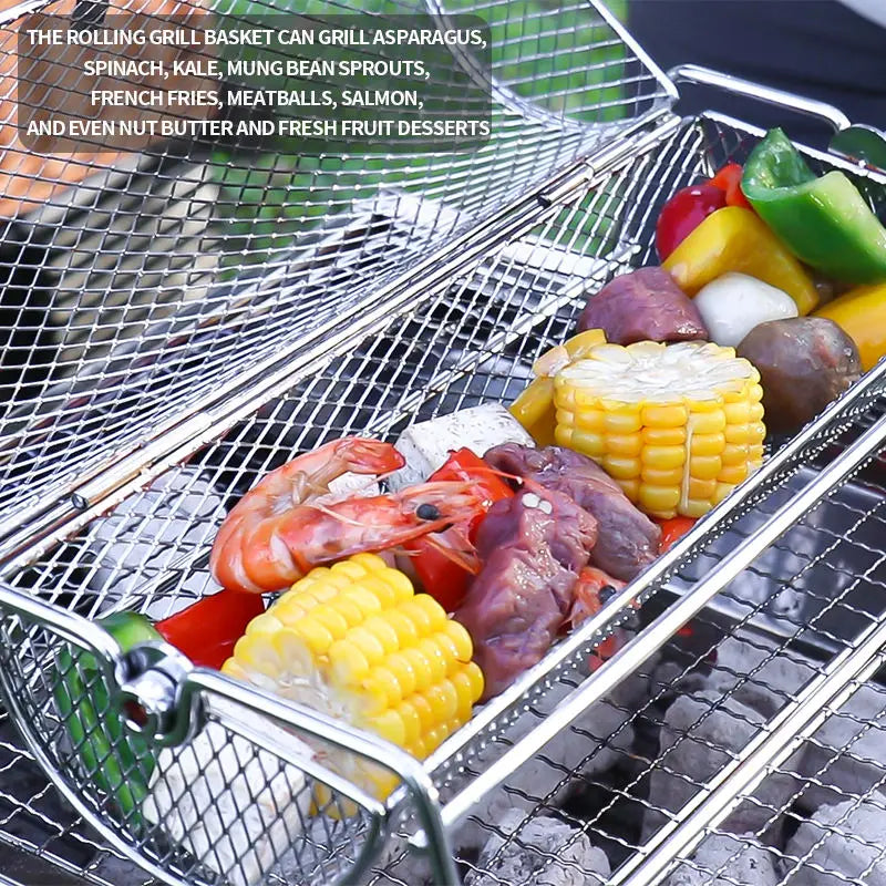 12-Inch Stainless Steel Rolling BBQ Grill Mesh Rotisserie Roaster Cage Silver