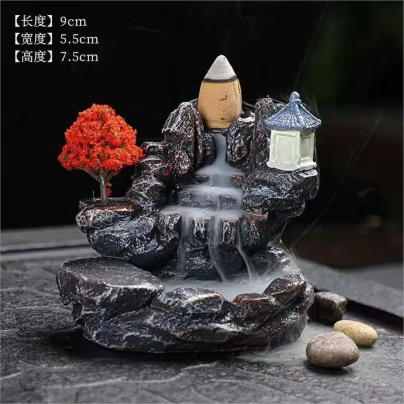 Red Resin Backflow Incense Holder Waterfall Set - Modern Aromatherapy Ornament with Incense Cones