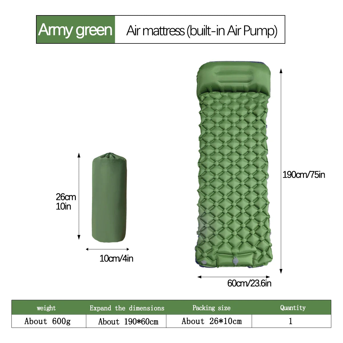 Inflatable Camping Mattress with Pillow  Built-In Pump Air Green