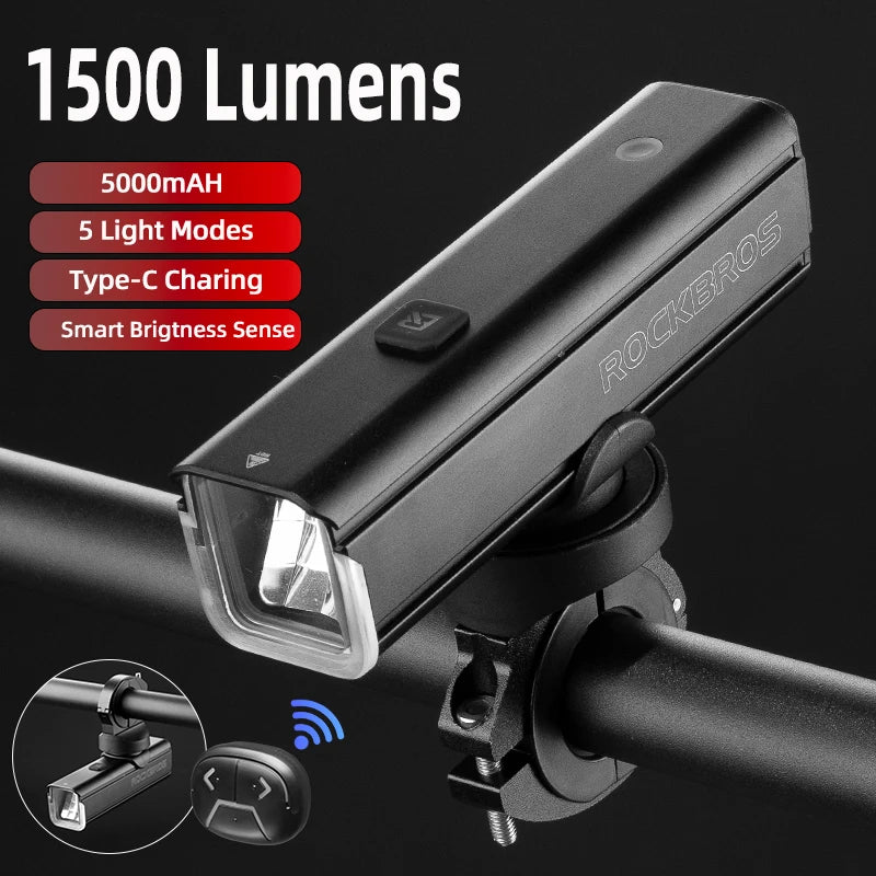 Bike Front Light 1500LM, 5000mAh Rechargeable LED Headlamp with Smart Sensor