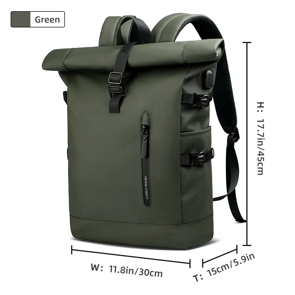 Expandable Waterproof Backpack Roll-Up Design with USB Charging Port Green