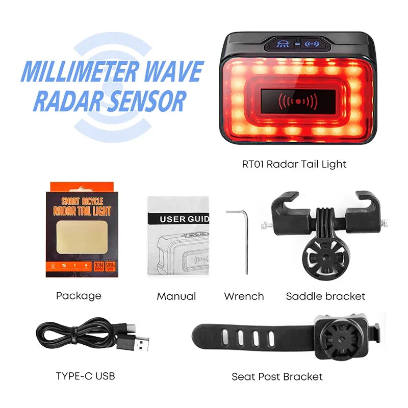 Smart Bicycle Radar Tail Light AI Brake Sensing Black